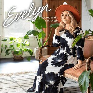 NEW L LuLaRoe Evelyn Smoked Waist Maxi Dress Long Sleeve Black White Floral